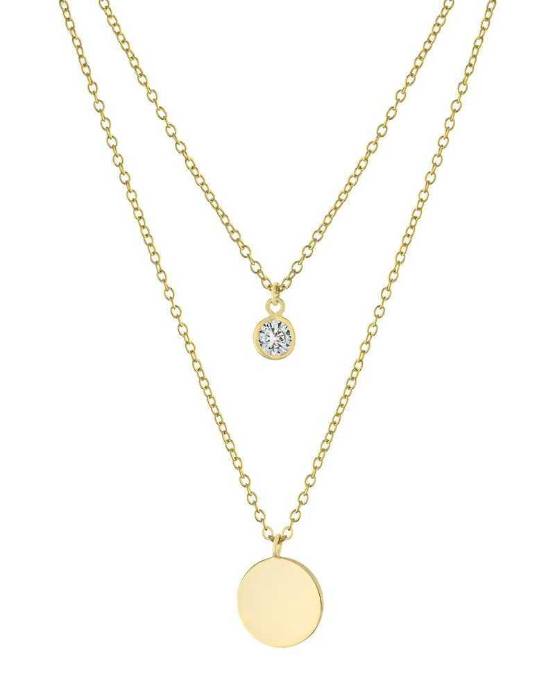 Double Layered 16" + 2" Cubic Zirconia Solitaire and 10mm Disc Chain Necklace Gold Over Sterling Silver