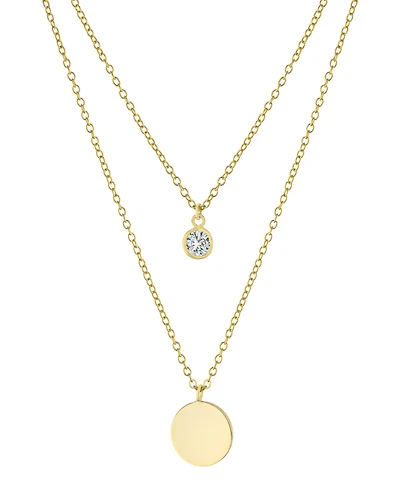Double Layered 16" + 2" Cubic Zirconia Solitaire and 10mm Disc Chain Necklace Gold Over Sterling Silver