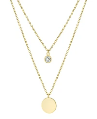 Double Layered 16" + 2" Cubic Zirconia Solitaire and 10mm Disc Chain Necklace Gold Over Sterling Silver