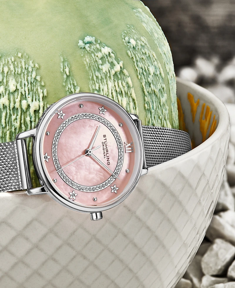 Women's Quartz Silver-Tone Mesh Strap Watch 34mm