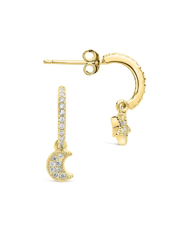 Women's Sterling Silver Moon Star Cubic Zirconia Gold Plated Micro Hoop Earrings