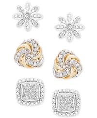3-Pc. Diamond Stud Earrings Set (1/4 ct. t.w.) in Sterling Silver & 14k Gold-Plate