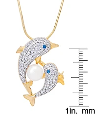 Genuine Freshwater Pearl Cubic Zirconia Dolphin Pendant 18" Necklace in Gold Plate
