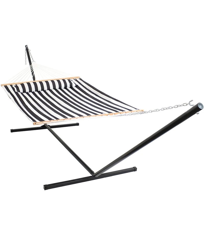 Outdoor 2-Person Quilted Fabric Hammock with Spreader Bars and Freestanding Stand