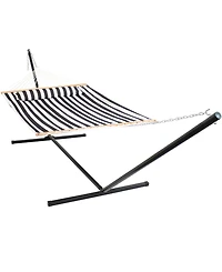 Outdoor 2-Person Quilted Fabric Hammock with Spreader Bars and Freestanding Stand