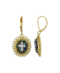 14K Gold Dipped Carded Multi Color Beaded Crystal Cross Euro Wire Earring