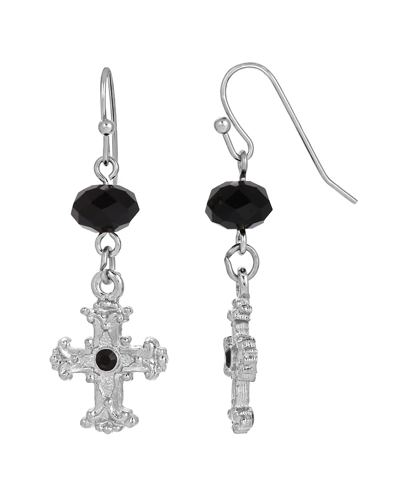 Silver-Tone Crystal Cross Drop Earrings