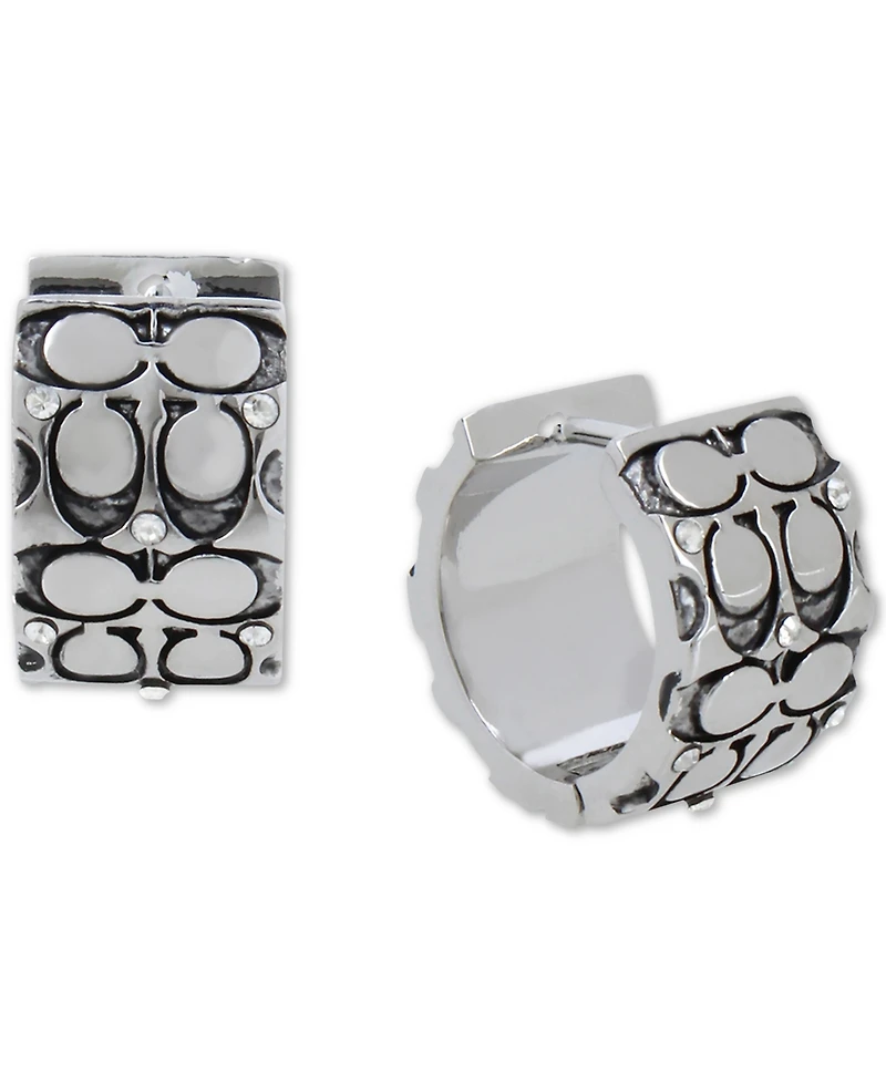 Coach Silver-Tone Small Crystal Quilted C Wide Huggie Hoop Earrings, 0.5"