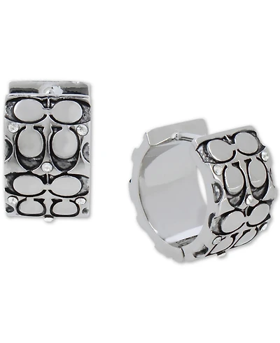Coach Silver-Tone Small Crystal Quilted C Wide Huggie Hoop Earrings, 0.5"