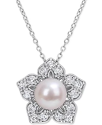 Cultured Freshwater Pearl (8-1/2mm) & Lab-Grown White Sapphire (1-1/3 ct. t.w.) Flower 18" Pendant Necklace in Sterling Silver