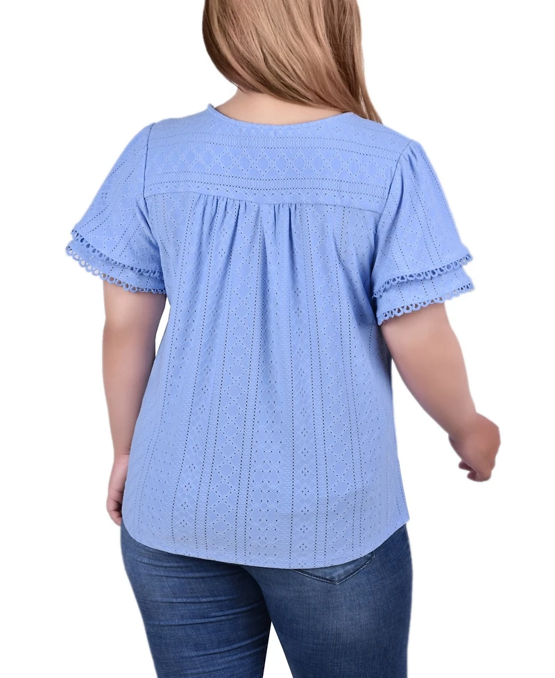 Ny Collection Plus Double Flutter Sleeve Knit Eyelet Top