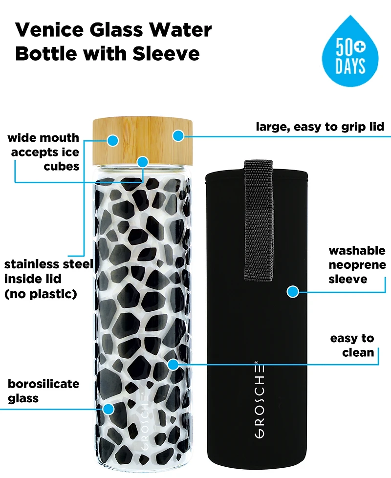 Grosche Venice Glass Water Bottle with Bamboo Lid and Protective Sleeve, 22.6 fl oz Capacity