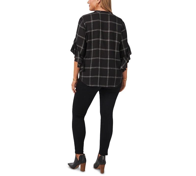 Vince Camuto Plus Size Plaid Pintuck V-Neck 3/4- Flutter-Sleeve Blouse
