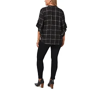 Vince Camuto Plus Size Plaid Pintuck V-Neck 3/4- Flutter-Sleeve Blouse