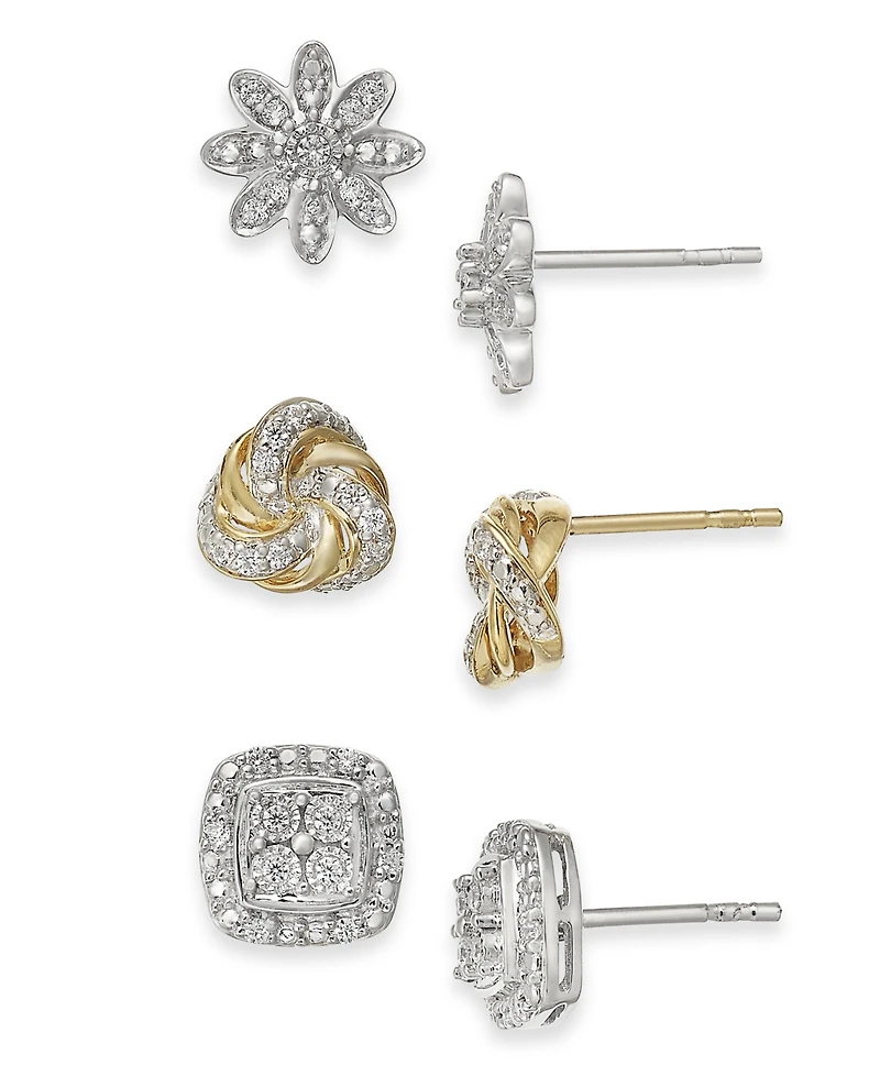 3-Pc. Diamond Stud Earrings Set (1/4 ct. t.w.) in Sterling Silver & 14k Gold-Plate