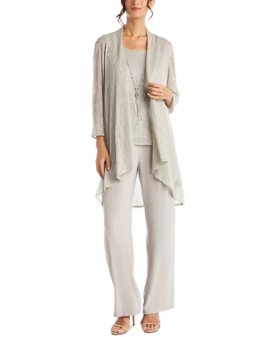 R & M Richards Petite 3-Pc. Metallic Jacket, Necklace Top Pants Set