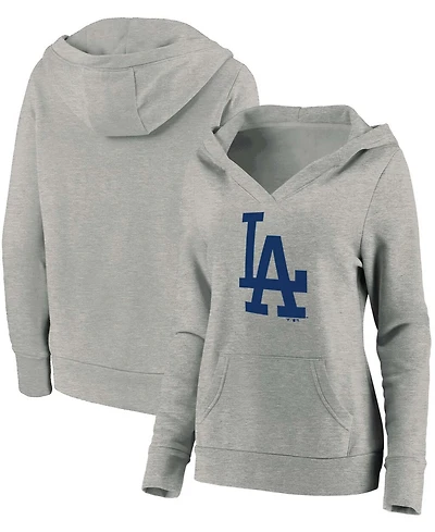 Plus Size Heathered Gray Los Angeles Dodgers Official Logo Crossover V-Neck Pullover Hoodie