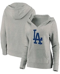 Plus Size Heathered Gray Los Angeles Dodgers Official Logo Crossover V-Neck Pullover Hoodie