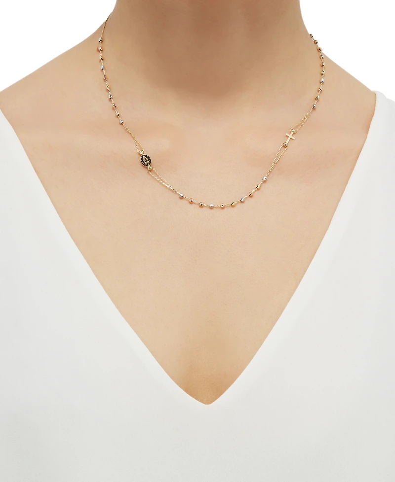 Cross & Medallion 17-1/2" Rosary Necklace in 10k Tricolor Gold
