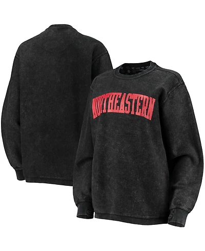 Women's Black Northeastern Huskies Comfy Cord Vintage-Like Wash Basic Arch Pullover Sweatshirt