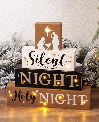 Glitzhome Lighted Wooden Nativity Block Sign, 12"