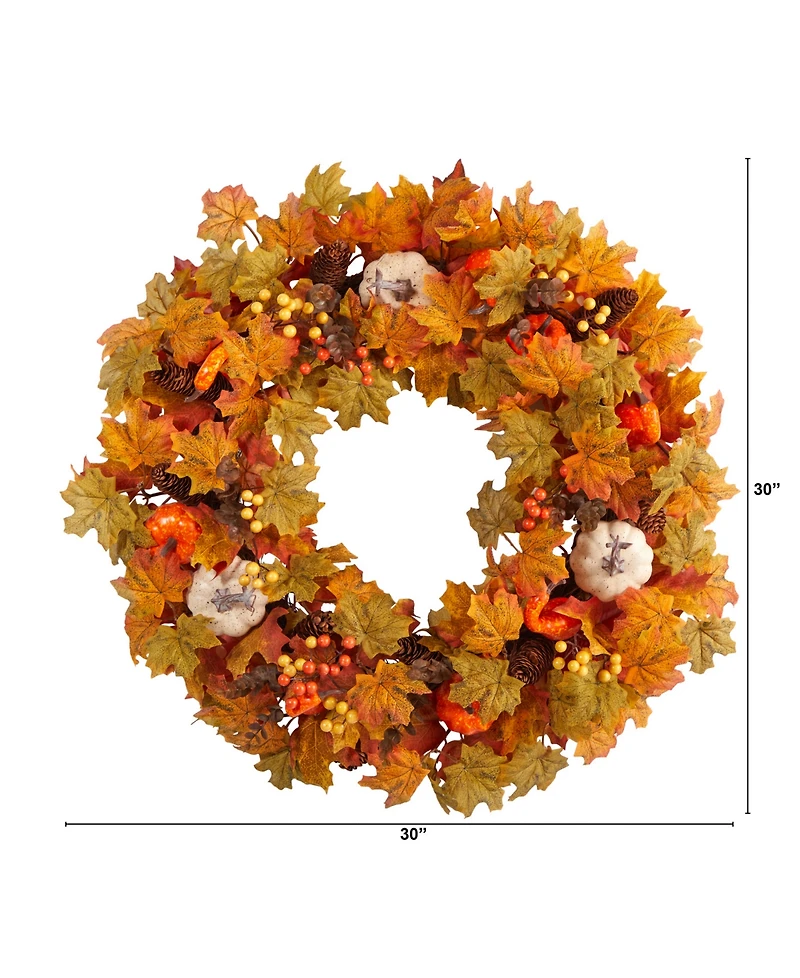 30" Autumn Pumpkin and Maple Leaf Artificial Fall Wreath