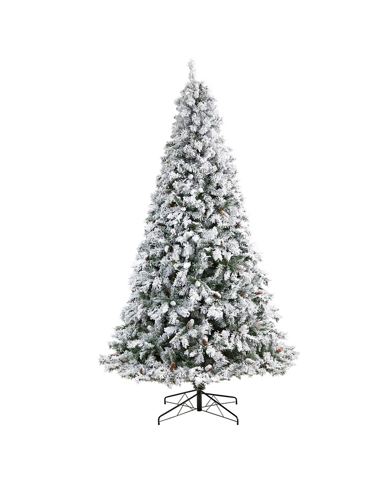 Flocked River Mountain Pine Artificial Christmas Tree with Pinecones and 650 Clear Led Lights, 9'