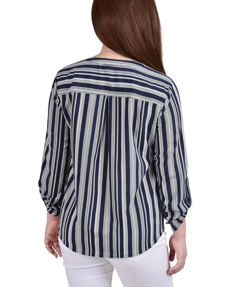 Petite 3/4 Sleeve Roll Tab Y Neck Blouse