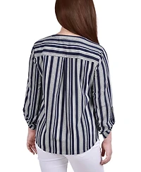 Petite 3/4 Sleeve Roll Tab Y Neck Blouse