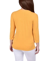 Petite 3/4 Sleeve Knit Crepe Studded Keyhole Top