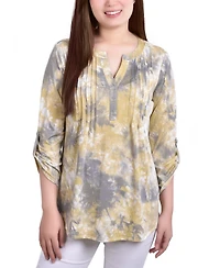 Ny Collection Petite Knit Jacquard 3/4 Sleeve Roll Tab Pintuck Top