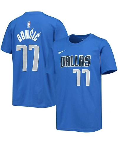 Big Boys and Girls Luka Doncic Royal Dallas Mavericks Logo Name and Number T-shirt
