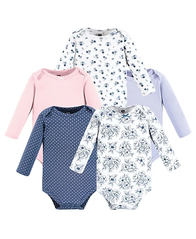 Hudson Baby Baby Girls Hudson Cotton Long-Sleeve Bodysuits, Blue Toile 5-Pack, 18-24 Months