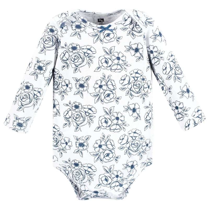 Hudson Baby Baby Girls Hudson Cotton Long-Sleeve Bodysuits, Blue Toile 5-Pack, 18-24 Months