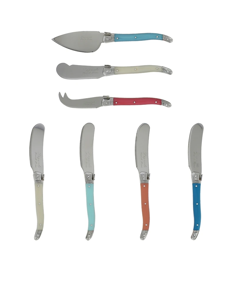 French Home Laguiole Coral and Turquoise Cheese Knife and Spreader Set, 7 Piece.