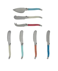 French Home Laguiole Coral and Turquoise Cheese Knife and Spreader Set, 7 Piece.