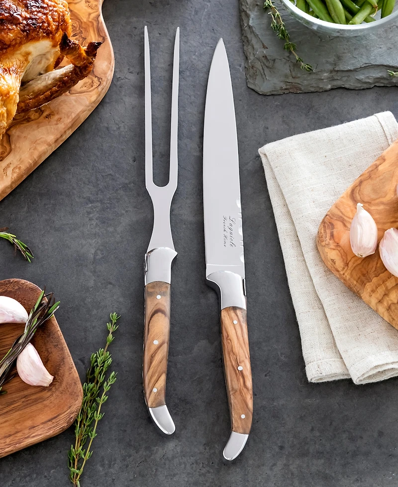 French Home Laguiole Olivewood Carving Knife and Fork Set.