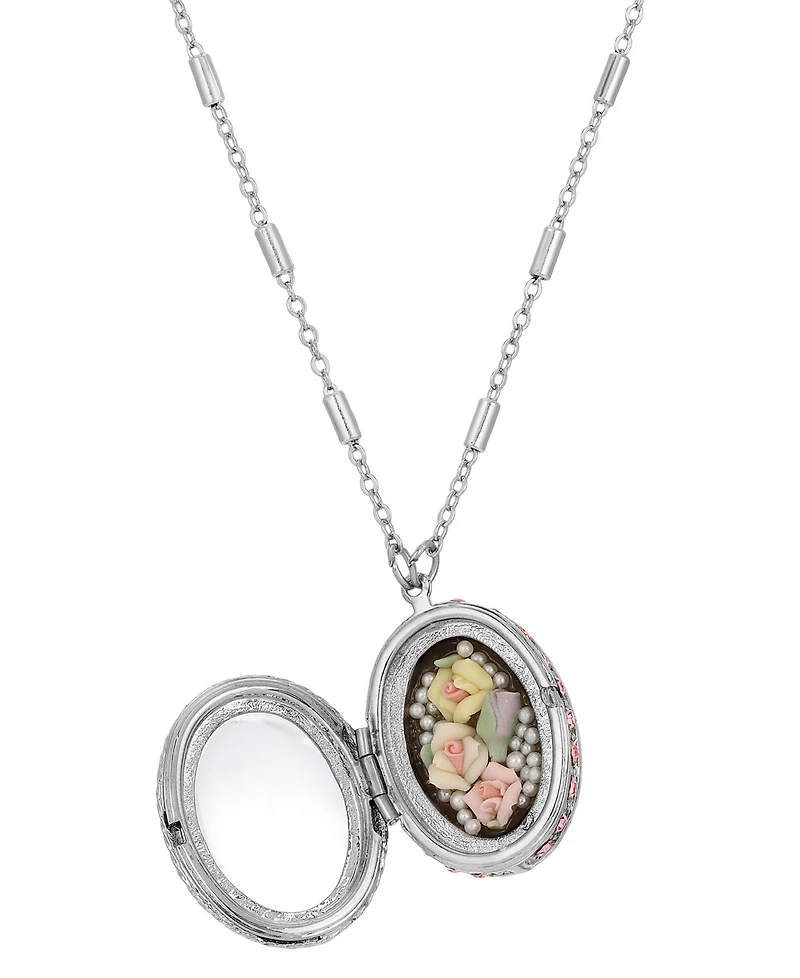 2028 Flower Silver-tone oval Multicolor Rose Necklace