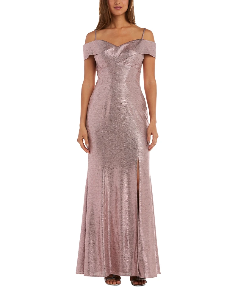 Nightway Cold-Shoulder Foil Gown