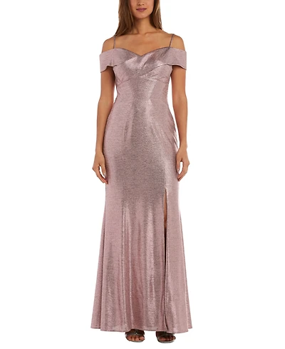 Nightway Cold-Shoulder Foil Gown