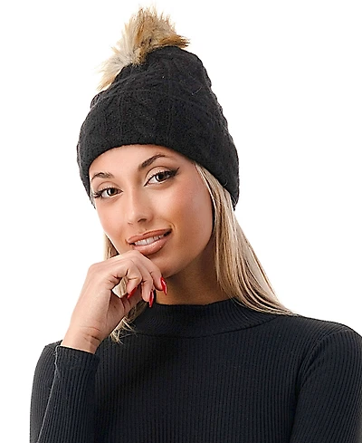 Marcus Adler Women's Cable Knit Faux Fur Pom Beanie