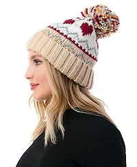 Marcus Adler Women's Fair Isle Heart Knit Pom Beanie