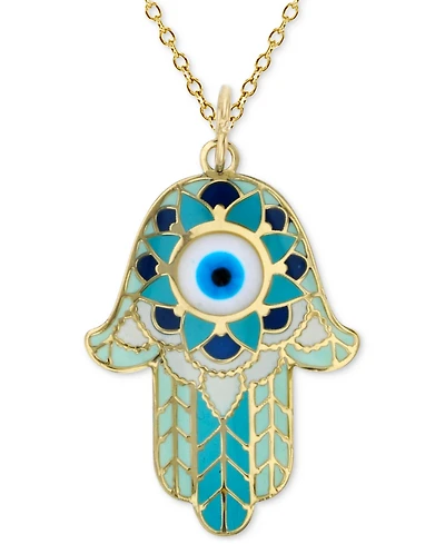 Enamel Evil Eye Hamsa Hand 18" Pendant Necklace in 14k Gold