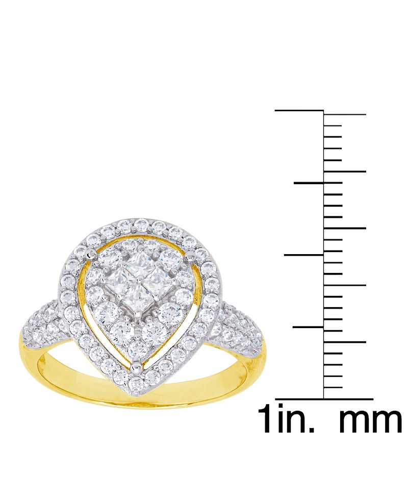Cubic Zirconia Pear Halo Ring Fine Gold Plate or Silver