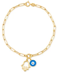 Hamsa Hand & Glass Evil Eye Charm Bracelet in 10k Gold