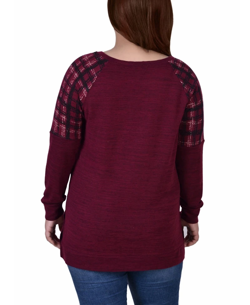 Plus Size Long Sleeve Knit with Print Shoulder Insets Top