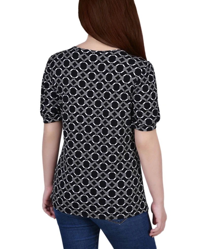 Petite Short Puff Sleeve Mesh Inset Top