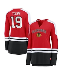 Women's Fanatics Jonathan Toews Red and Black Chicago Blackhawks Power Player Long Sleeve Notch Neck T-shirt