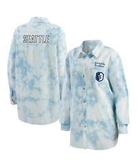 Wear by Erin Andrews Women's White Seattle Kraken Oversized Tie-Dye Button-Up Denim Shirt