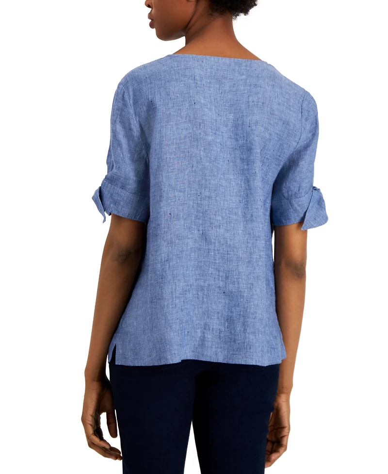 Charter Club Women's 100% Linen Split-Neck Tie-Cuff Top, Created for Macy's